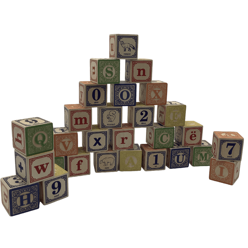 28 cubes en bois lettres, chiffres et animaux - KIDIBAM