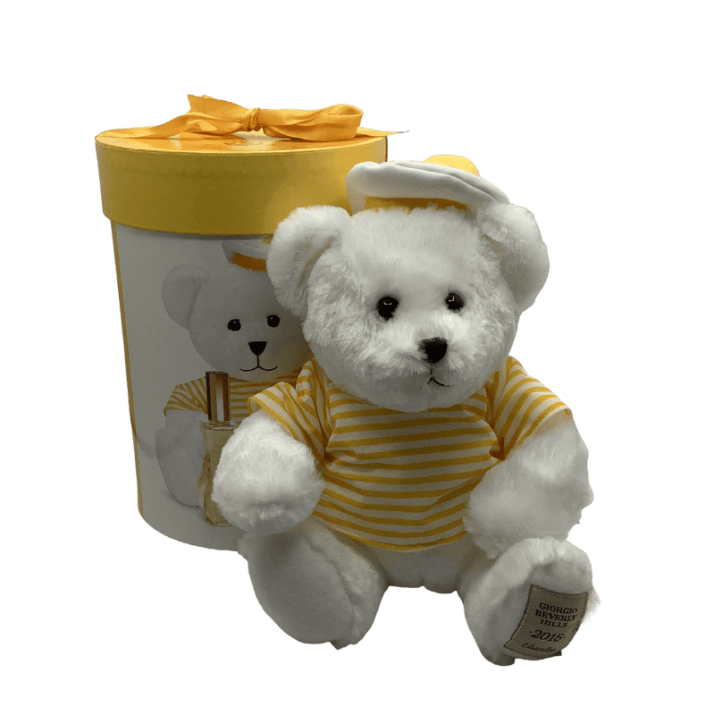 Ours en peluche blanc avec pull jaune rayé 30cm