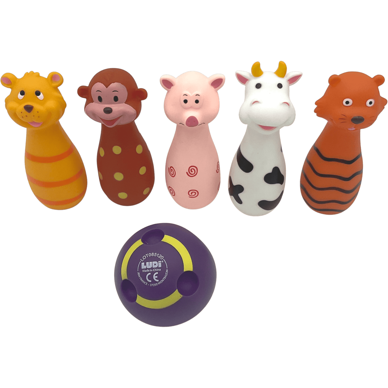 5 quilles animaux et sa boule en caoutchouc - KIDIBAM