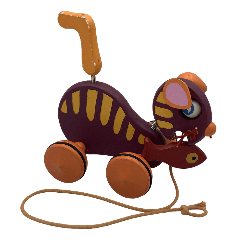 Chat à tirer en bois - Catty et son poisson 21cm - KIDIBAM