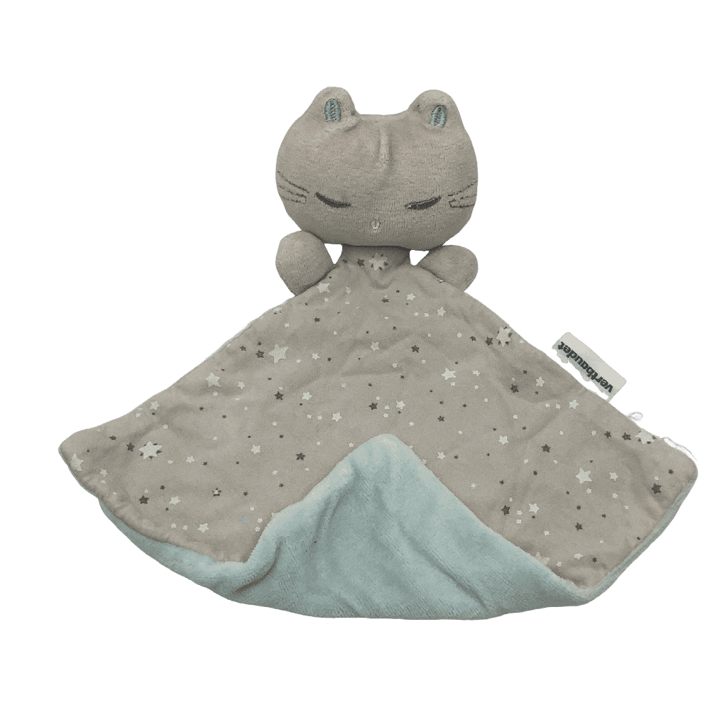 Doudou plat chat gris bleu étoiles 23cm - KIDIBAM