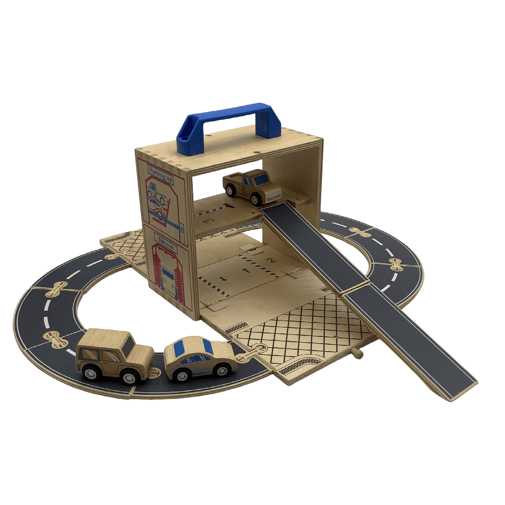 Garage transportable et ses 3 voitures en bois - KIDIBAM