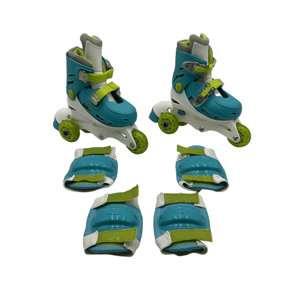 Les rollers évolutifs bleus et ses protections coudes et genoux