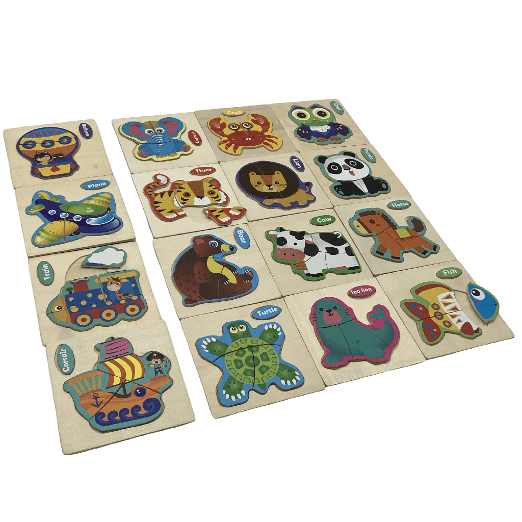 Lot de 16 puzzles en bois d'animaux et transport (en anglais) - KIDIBAM