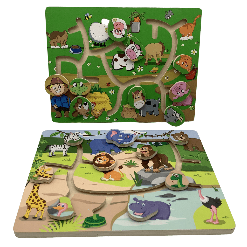 Lot de 2 puzzles en bois avec pièces coulissantes Animaux de la ferme et de la savane - KIDIBAM