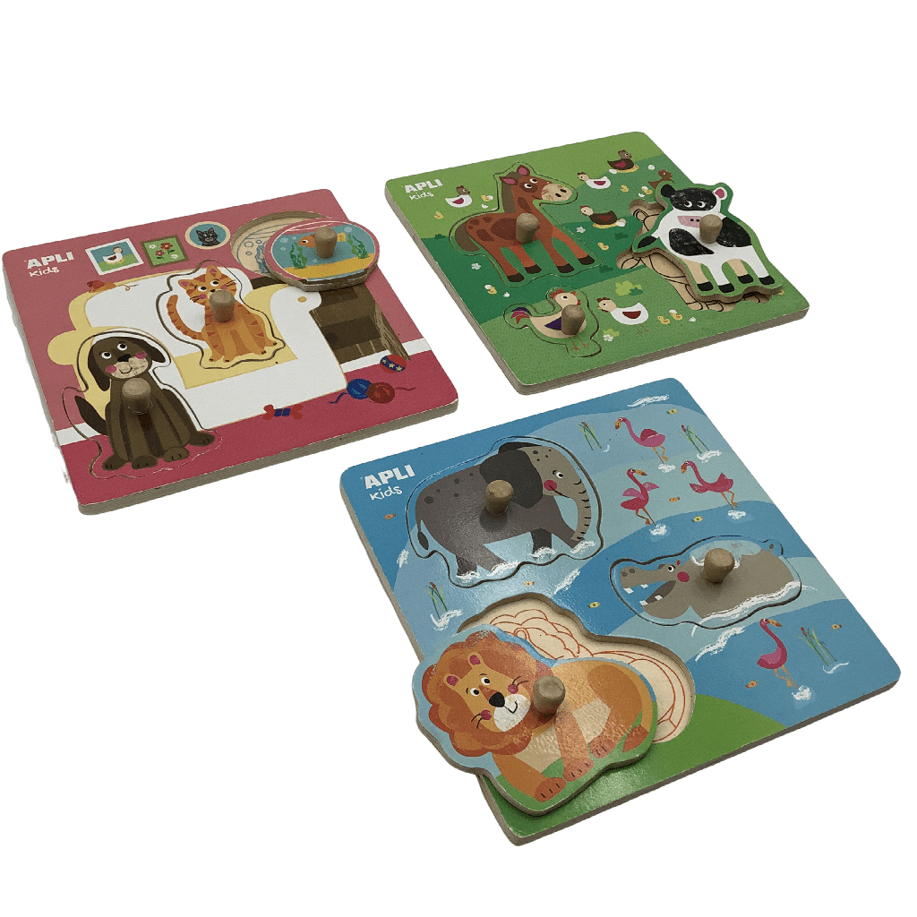 Lot de 3 puzzles à boutons encastrable en bois Animaux de la savane, domestique et de la ferme - KIDIBAM