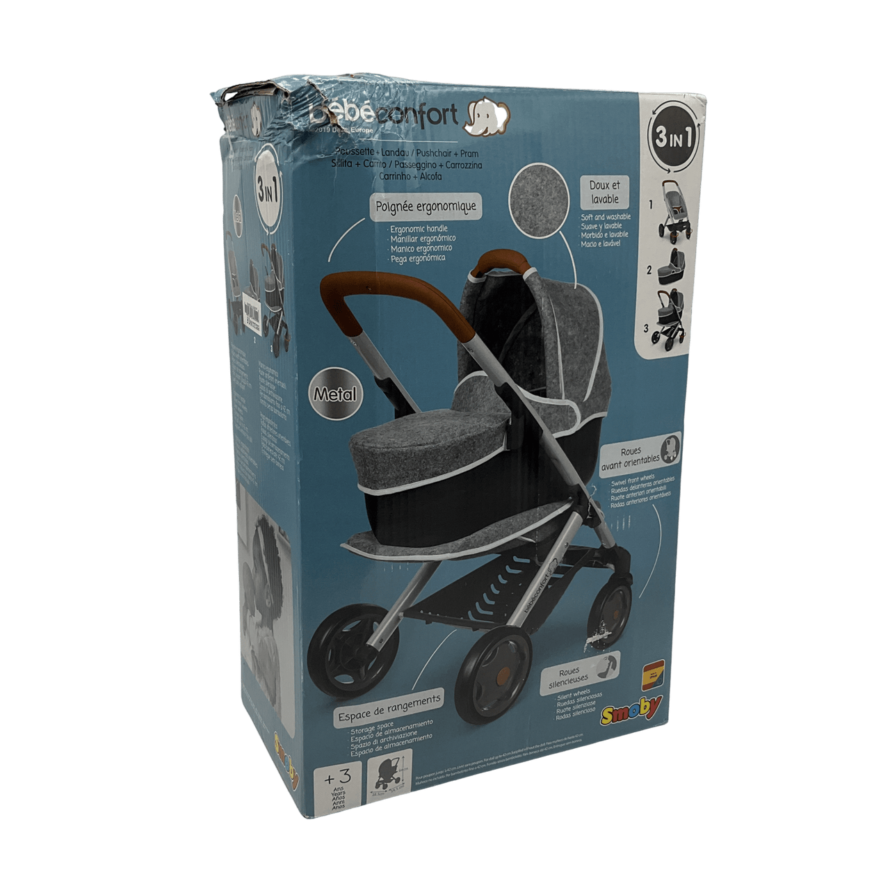 Poussette 3 - en - 1 grise pour poupon jusqu'à 42cm - KIDIBAM