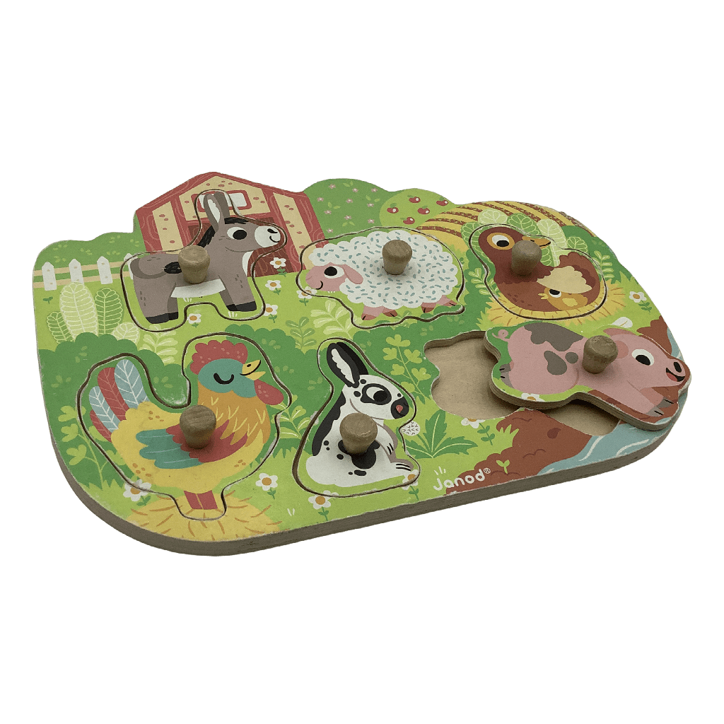 Puzzle 6 pièces à boutons encastrable en bois - Ferme - KIDIBAM
