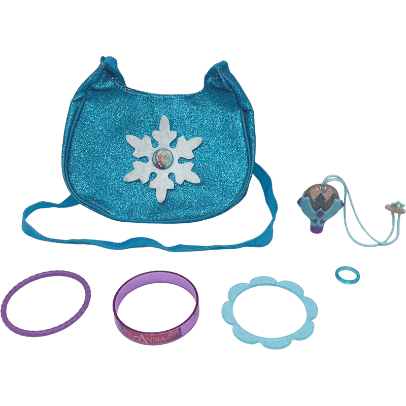 Sac à bandoulière bleu pailleté, Anna Reine des Neiges avec 3 bracelets, 1 collier et 1 bague - KIDIBAM