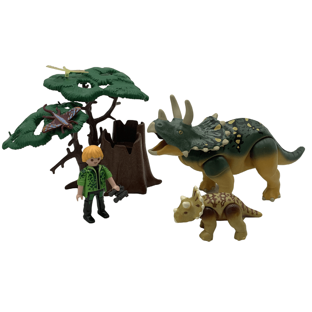 Tricératops et son petit avec arbre et personnage - KIDIBAM